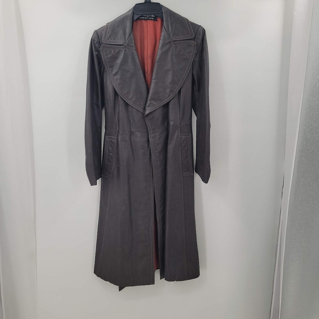 Genuine Leather Uruguay Coat Jacket Long Belted Size 9/10 Lined Wide Lapel