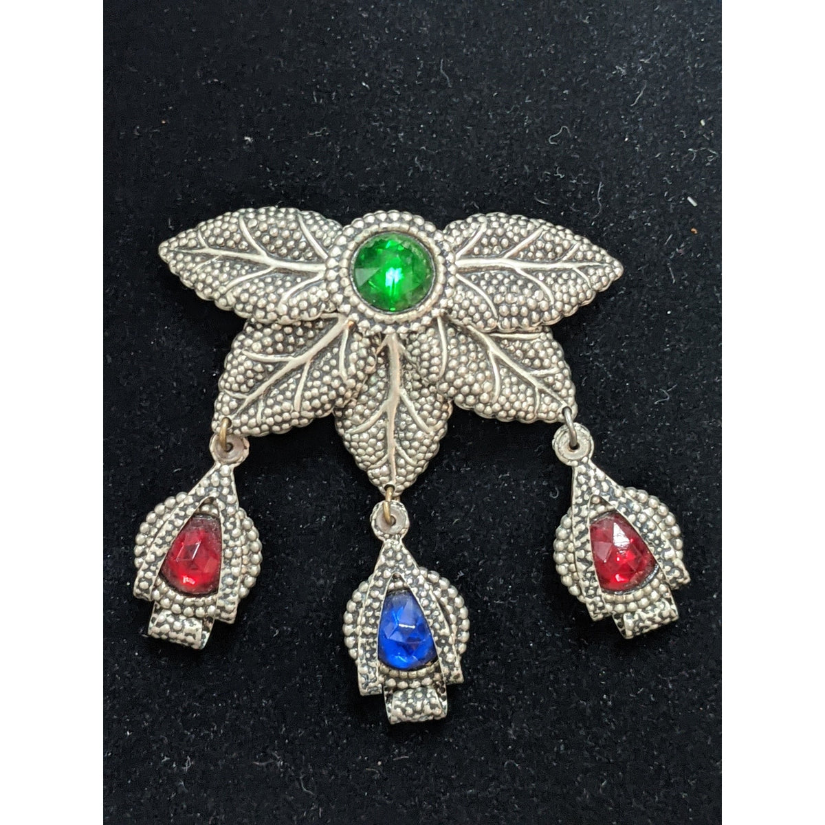 3tier silvertone bejeweled green red blue stones dangle brooch Pin Revival Leaf