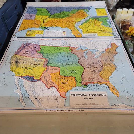 1960s Denoyer Geppert  School Wall Rollup Map Territorial Acquisitions 2 in 1