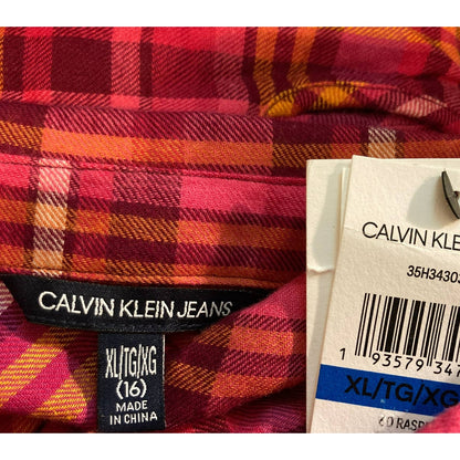 Calvin Klein Jeans Button Up Shirt Extra Large/XL 16 Raspberry Plaid NWT Raw Hem