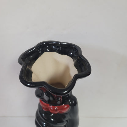 Vintage fluted black hand red bowtie tall vase Ceramic 9" tall