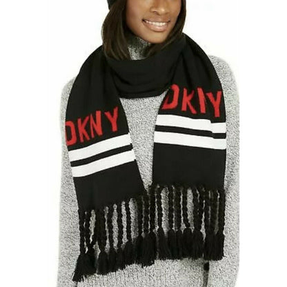 DKNY NEW Logo Stadium Scarf Tassel Fringe Black White Red Winter 68" x 8" WINTER