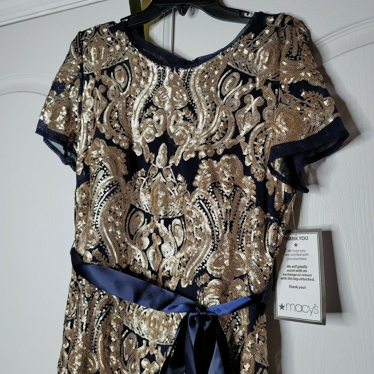 Evening Gown with Fishtail Sequins Dress Short Sleeves Round Neck Navy Gold 16