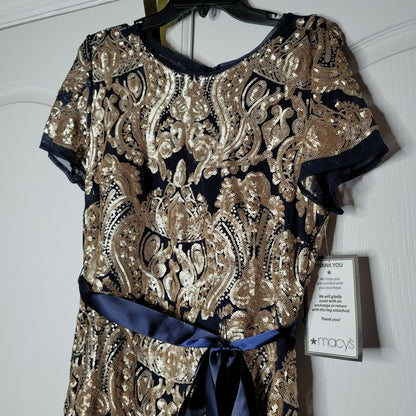 Evening Gown with Fishtail Sequins Dress Short Sleeves Round Neck Navy Gold 16