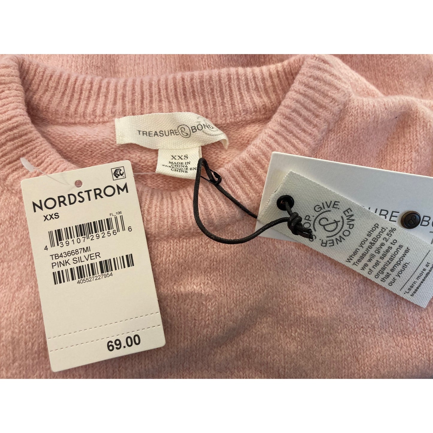 Treasure & Bond Cozy Crew Neck Sweater Ribbed Trim Sz XXS/2XS in Pink Silver NWT