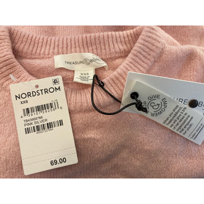 Treasure & Bond Cozy Crew Neck Sweater Ribbed Trim Sz XXS/2XS in Pink Silver NWT
