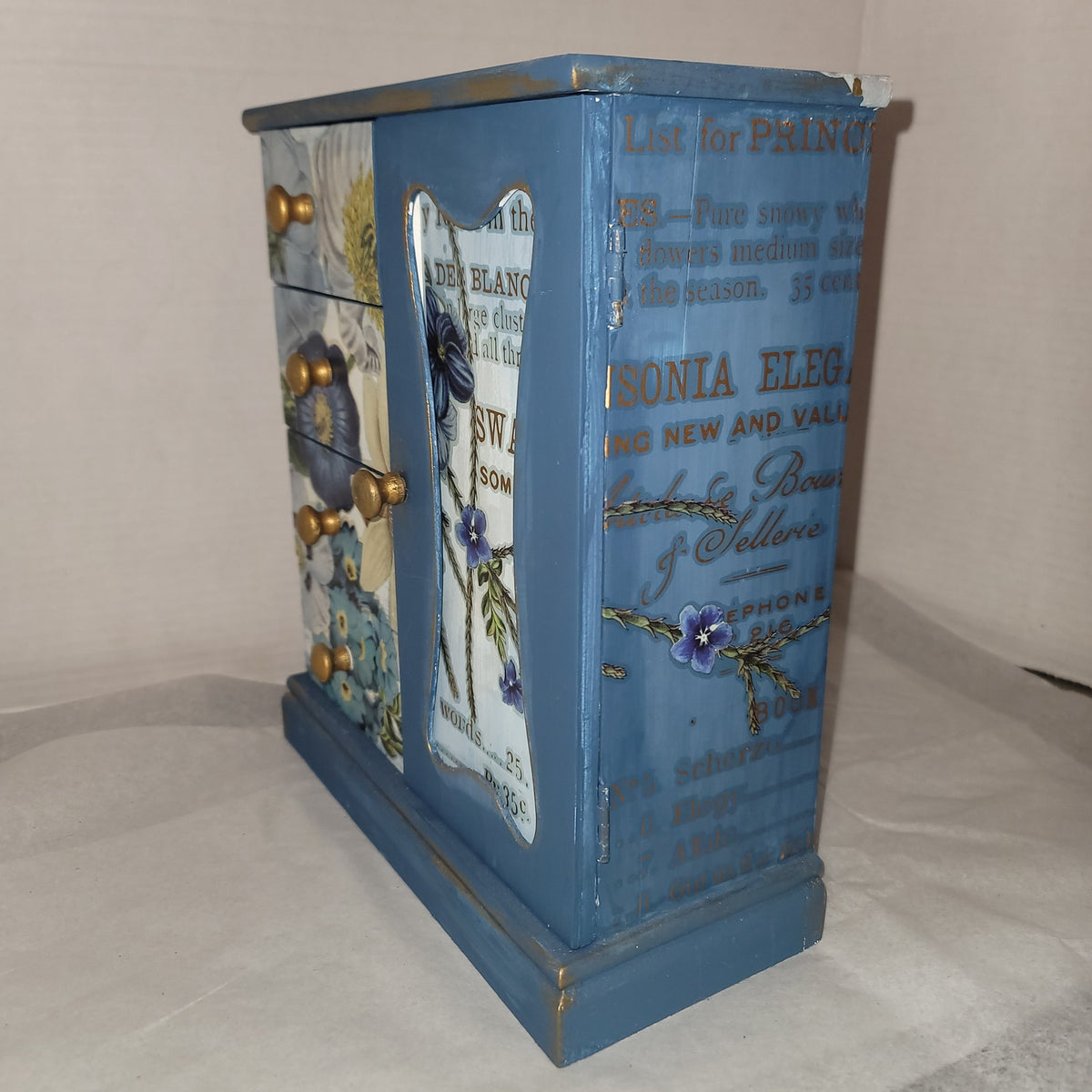 BLUE Hand-painted dry rub floral gold Custom 4 drawer jewelry box trinket stash