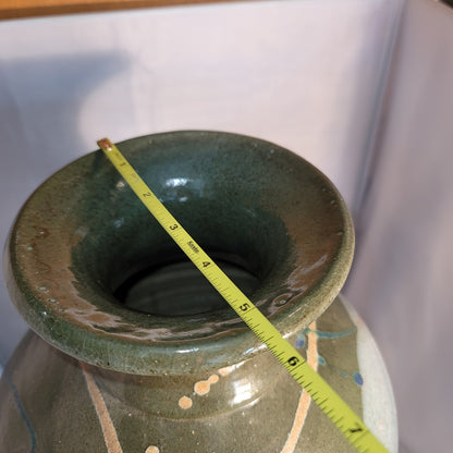 Large art pottery vase URN Clay Signed Pennington Green Blue Modern Design 15.5
