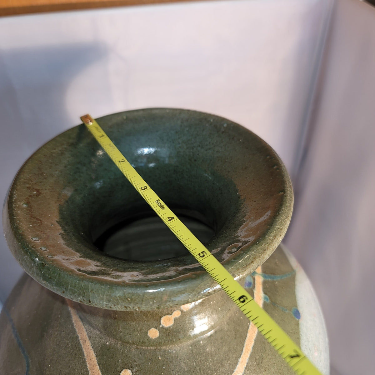 Large art pottery vase URN Clay Signed Pennington Green Blue Modern Design 15.5