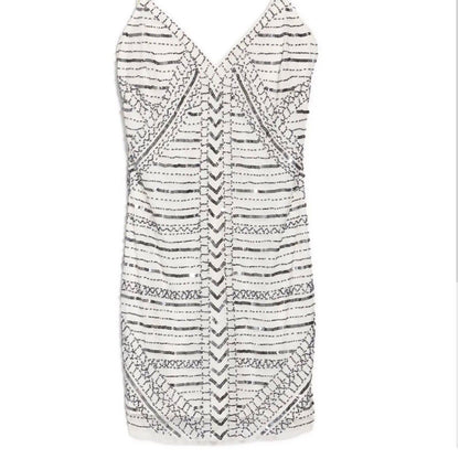 JUMP Apparel Juniors' Geo Sequin Beaded Plunge Mini Dress Sz 5/6 Gray/White NWT