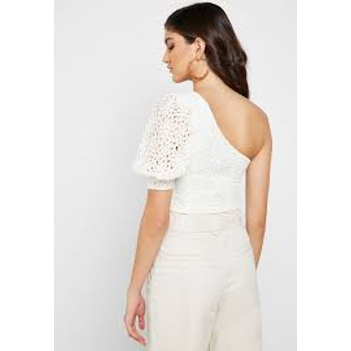 Topshop One Shoulder Lace Puff Sleeve Lined Cropped Top Side Zip Ivory Size 8
