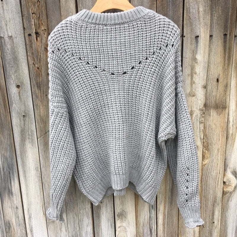 Elodie Medium Lt Grey Chunky Long Sleeve Knit Sweater open stitch pullover NEW