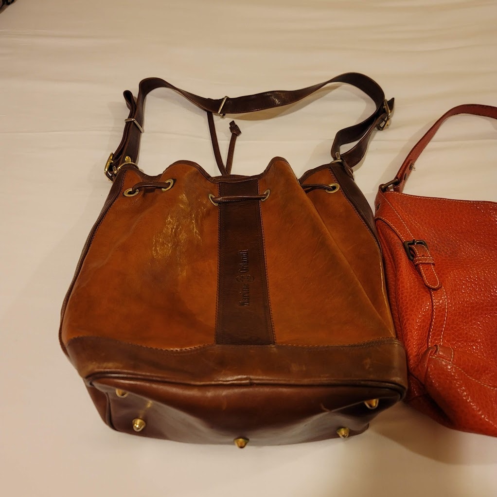 Marino Orlandi Leather Italian Bucket Bag NewBuck Cognac Drawstring Purse tartan