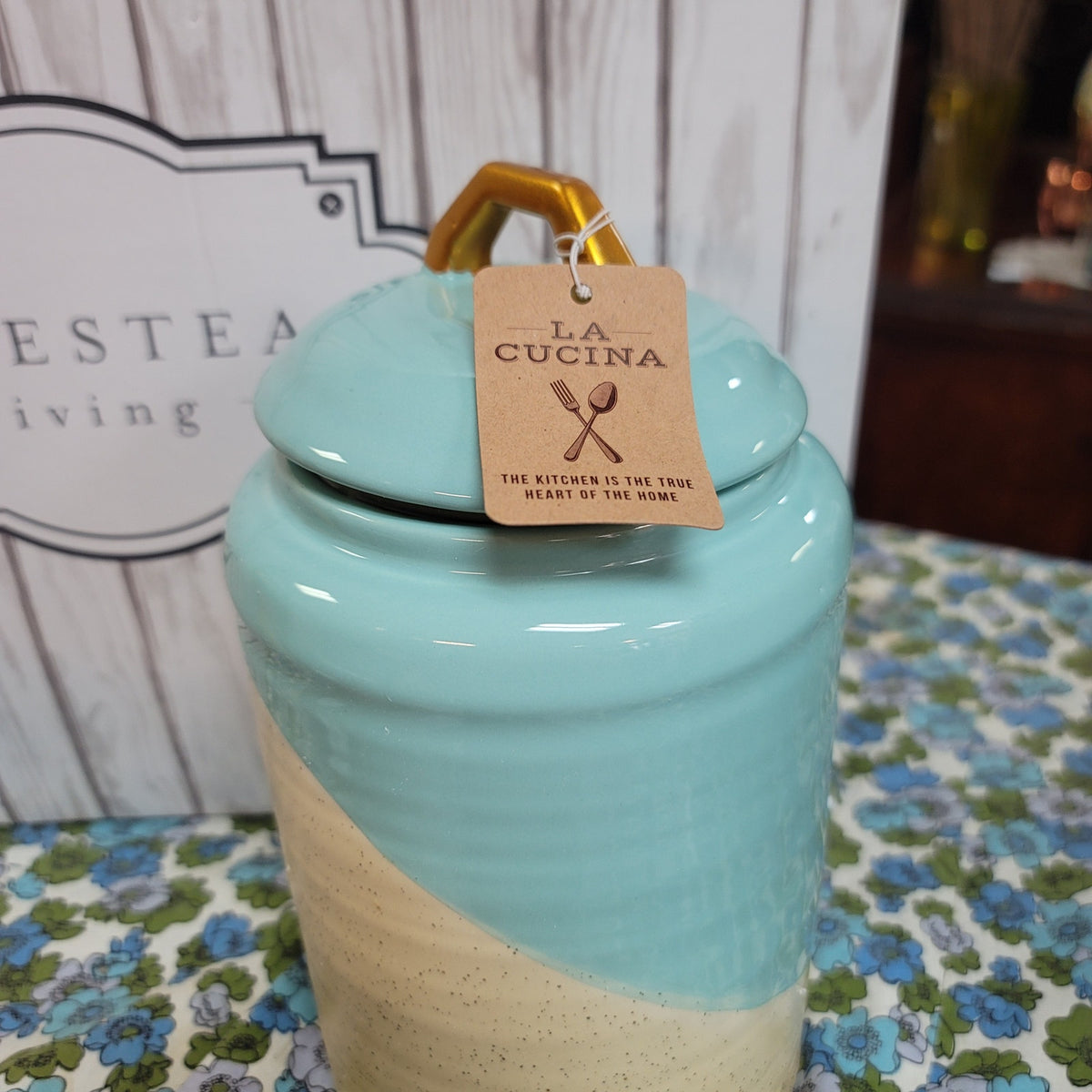 Homestead Living Set 3 Canisters Ceramic Lidded Baby Blue Cream Gold