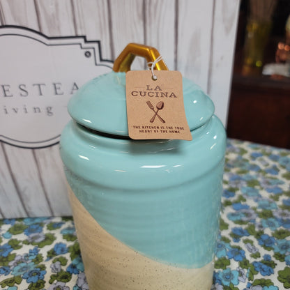 Homestead Living Set 3 Canisters Ceramic Lidded Baby Blue Cream Gold