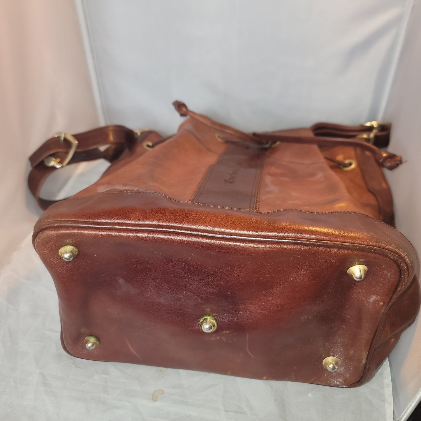 Marino Orlandi Leather Italian Bucket Bag NewBuck Cognac Drawstring Purse tartan