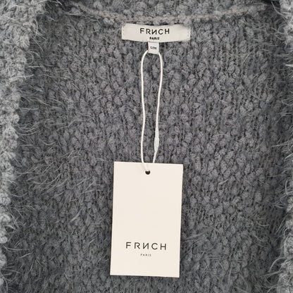 FRNCH Cardigan Sweater Open Front 3/4 Sleeve Two Pockets Solid Grey Small Medium