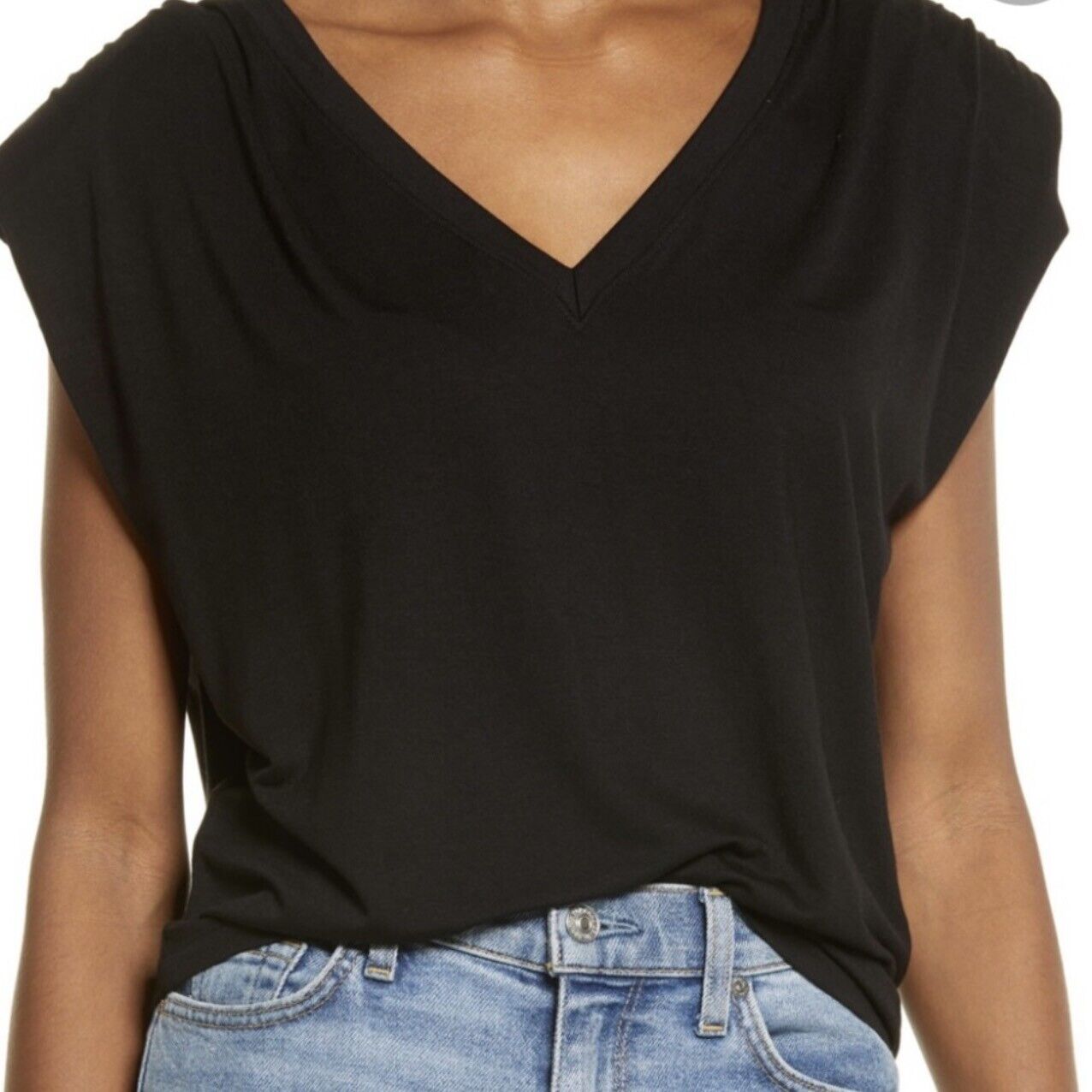 Treasure & Bond V-Neck Shoulder Pad Cap Sleeve Top Sz XS/Extra Small Black NWT