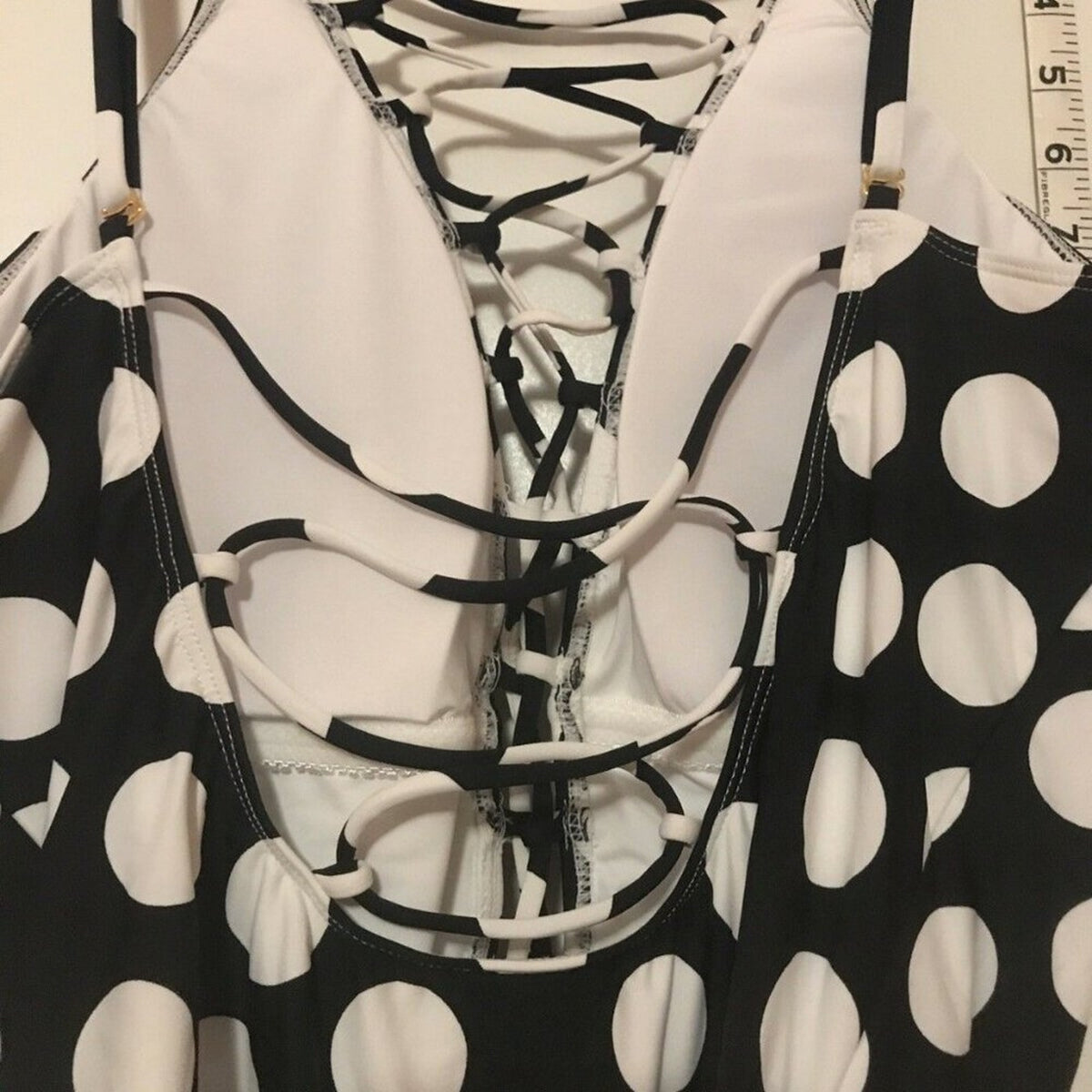 NWT Laceup High Neck One Piece Swimsuit Polka Dot Size 16