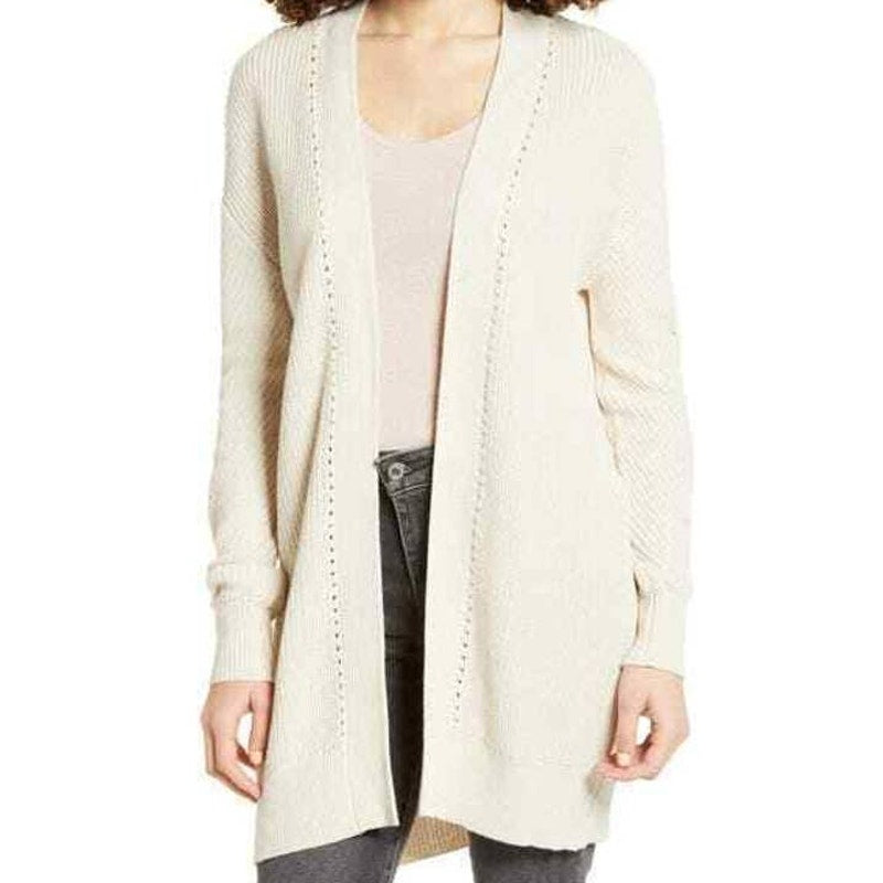 BP. Pointelle Trim Open Front Cardigan Sweater Sz Extra Small/XS in Black NWT