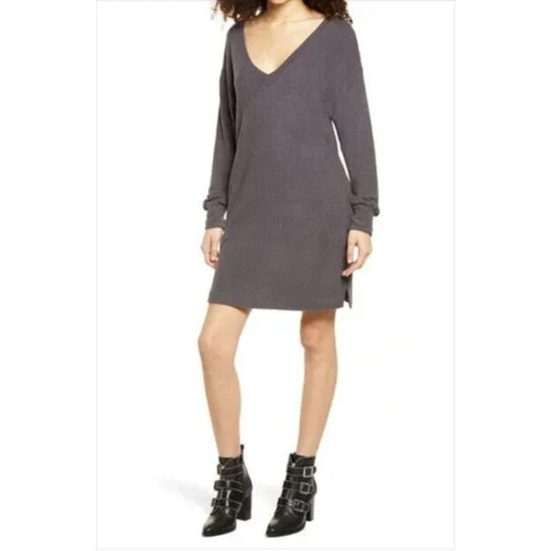 Socialite Women's Sweater Mini Dress Medium Dark Cement Gray NEW Double V-Neck