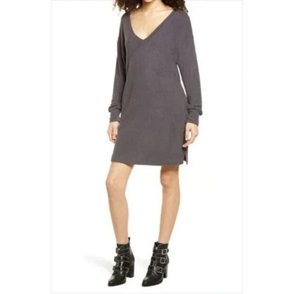 Socialite Women's Sweater Mini Dress Medium Dark Cement Gray NEW Double V-Neck