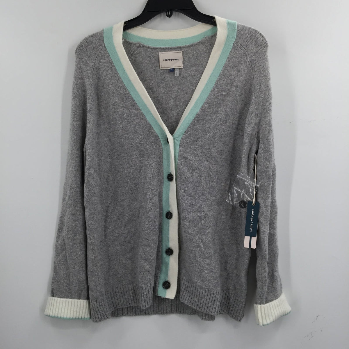 Court & Rowe Stripe Trim Button Front Cardigan Long Sleeve V-Neck Gray SZ Small