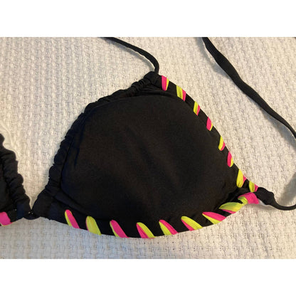 Becca Swim Reversible Triangle Sliding String Halter Bra Sz D Black Multi NWT