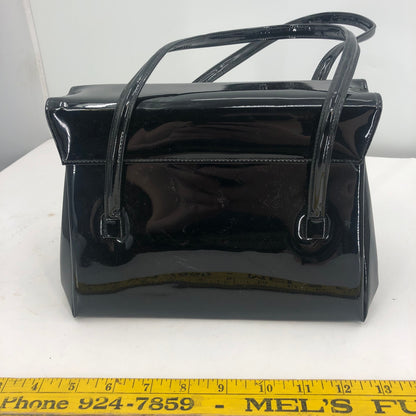 Vintage Lewis Women Handbag Purse Shiny Patent Leather 3 Compartment Black OS
