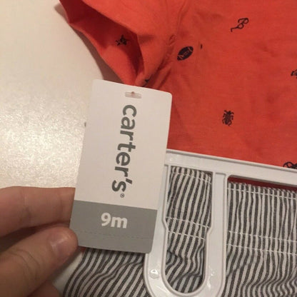 NWT Carters Nine Month Orange Dinosaur Collared Shirt Striped Shorts 2 Pc. Set