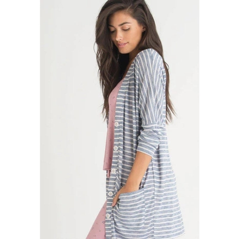 Honeydew Intimates R&R Lounge Cardigan Medium Summit Stripe Blue & White NEW