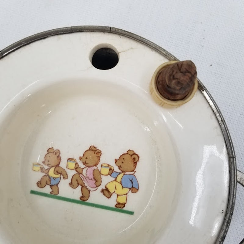 Excello Metal porcelain vintage 3 bears childs food serving dish hot water stopper