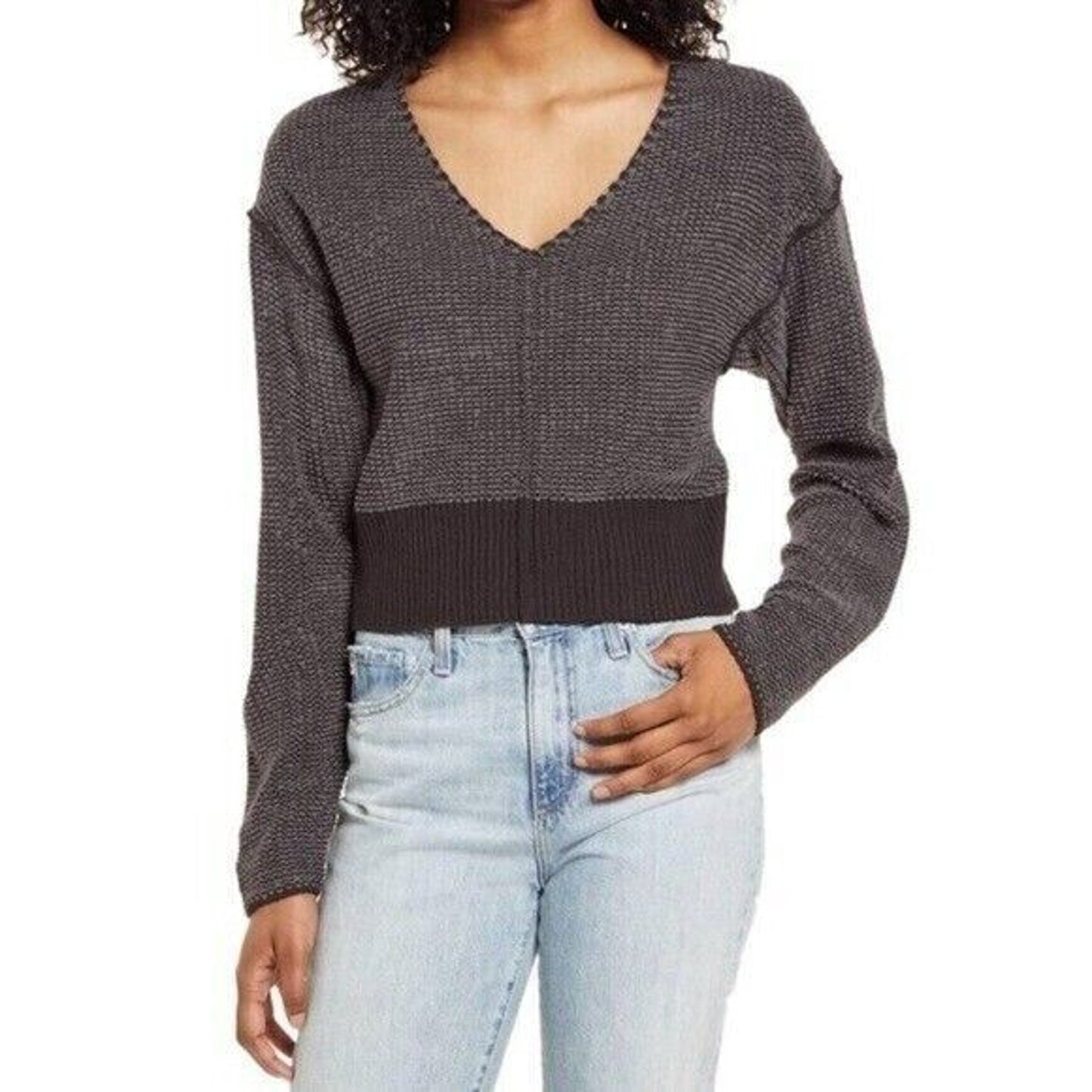Socialite Slouchy Loop V-Neck Pullover Sweater Size Large in Charcoal NWT