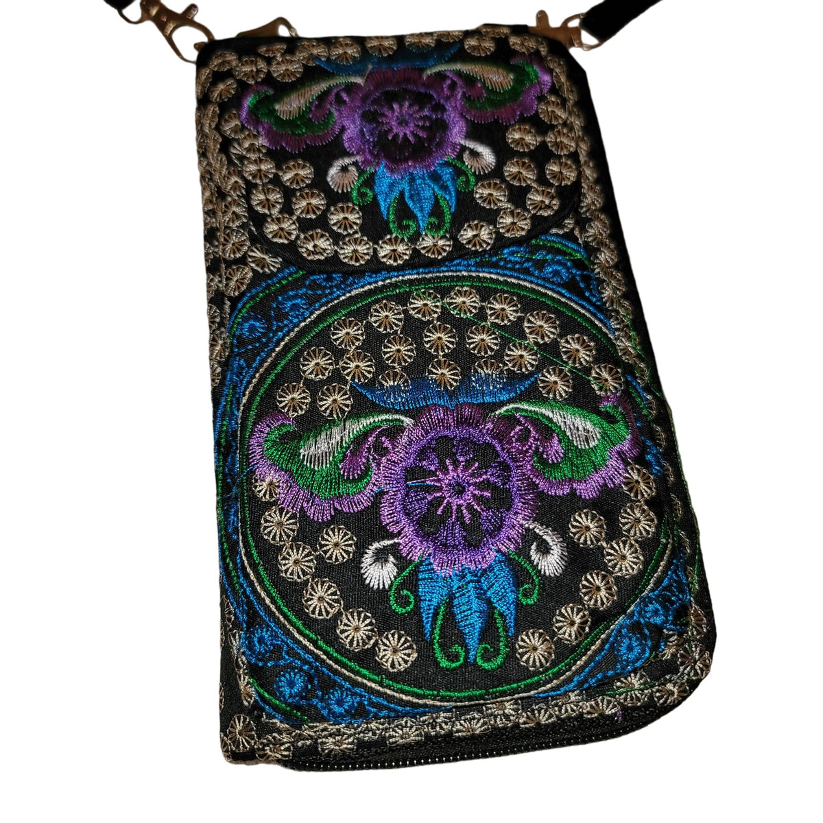 purple Embroidery Sling bag purse Phone Credit card Wallet Adjustable Crossbody