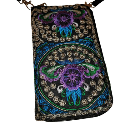 purple Embroidery Sling bag purse Phone Credit card Wallet Adjustable Crossbody