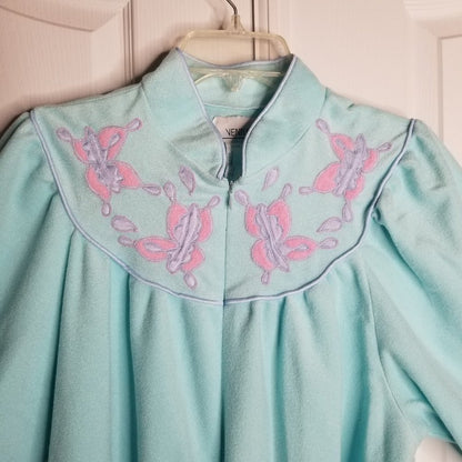 Ventura VINTAGE 60s Nightgown ROBE Embroidery Neck 3/4 Sleeve Zip Blue Large