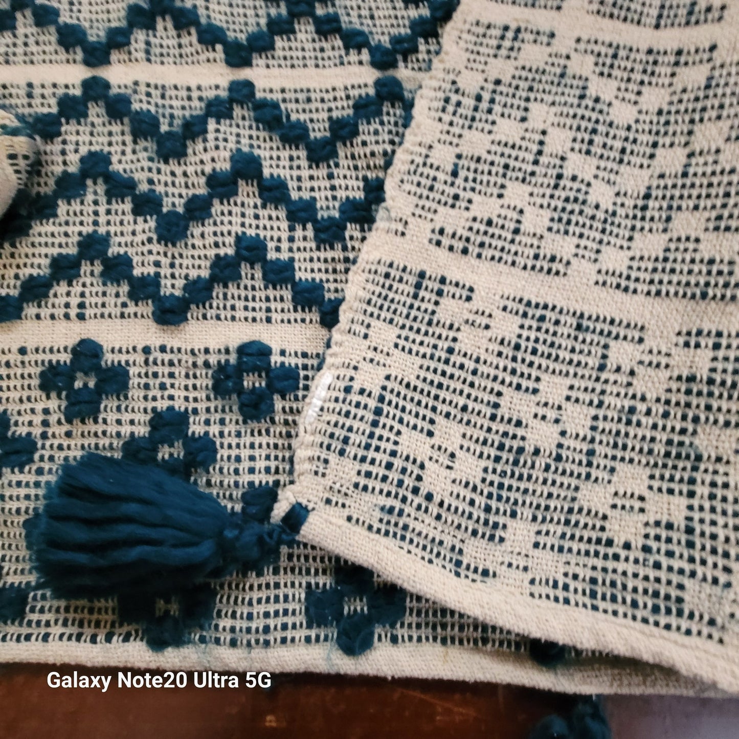 HandWoven Dark Turquoise Throw Blanket Geometric  Contemporary Diamond Tassels