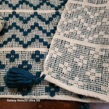 HandWoven Dark Turquoise Throw Blanket Geometric  Contemporary Diamond Tassels