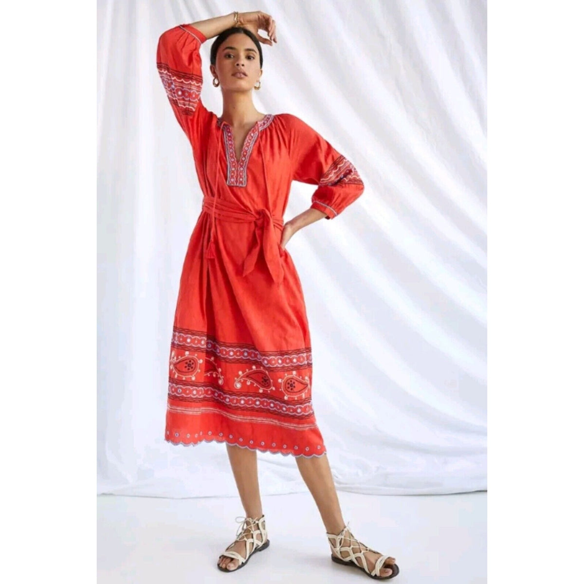 Anthropologie Scarlet Puff-Sleeved Midi Belted pockets BOHO Dress Size Medium