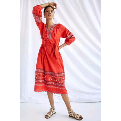 Anthropologie Scarlet Puff-Sleeved Midi Belted pockets BOHO Dress Size Medium