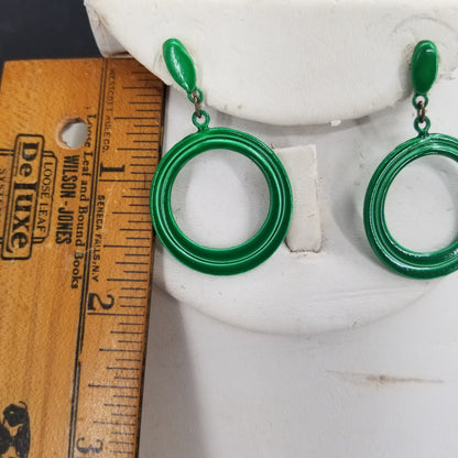 Vintage Green Painted Metal Dangle Post Earrings Costume Jewelry