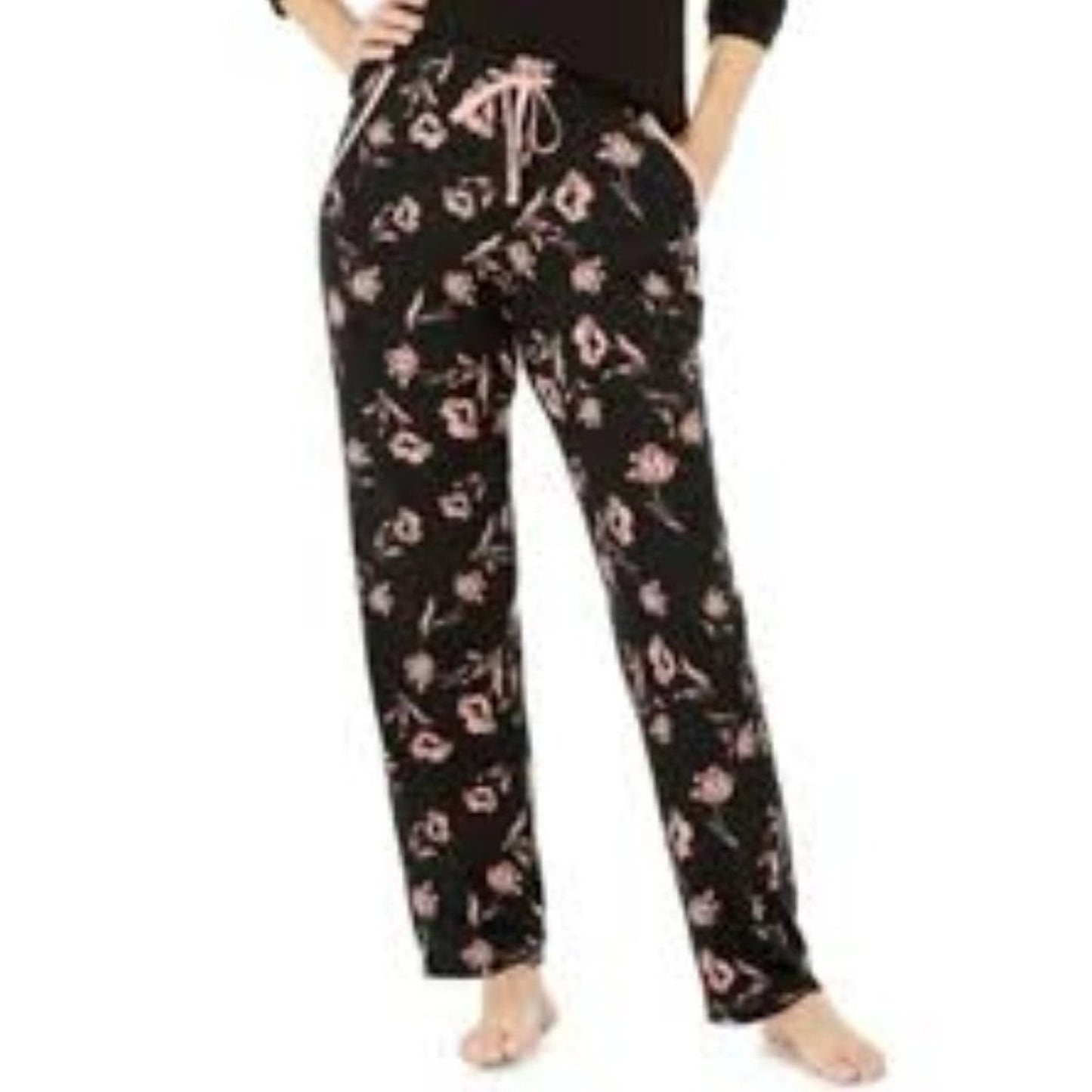 Charter Club LARGE Floral BLK/PINK Pajama Pants PJs Drawstring Waist cozy rose