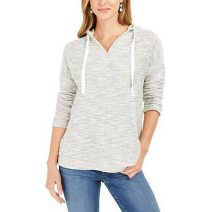 Style Co Metallic Long Sleeve Pullover Hoodie Lurex Neutral Large Drawstring