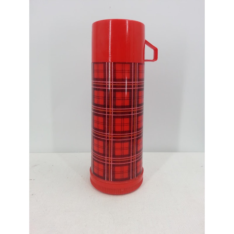 Aladdin Vintage One Quart Red Tan Plaid Thermos Camping Cabin Mountain Picnic