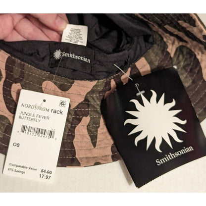 Smithsonian Bucket Hat NWT Green Brown Camo Butterfly Embroidery UPF 50+ Jungle
