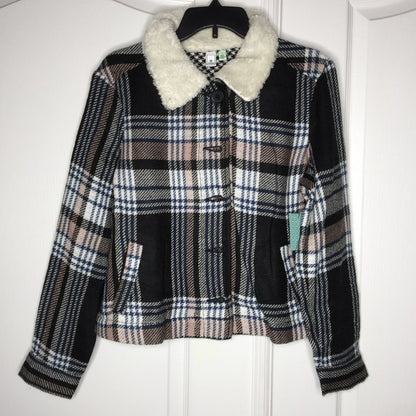 NEW SUSINA Faux Shearling Trim Jacket Long Sleeve SMALL Button Black Naya Plaid