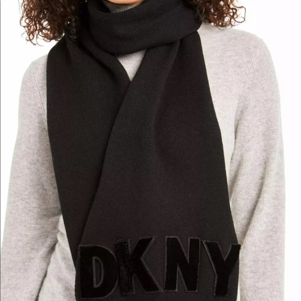 DKNY Black Logo Velvet Flocked Flat Knit Scarf wrap shawl NEW