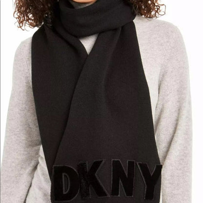 DKNY Black Logo Velvet Flocked Flat Knit Scarf wrap shawl NEW