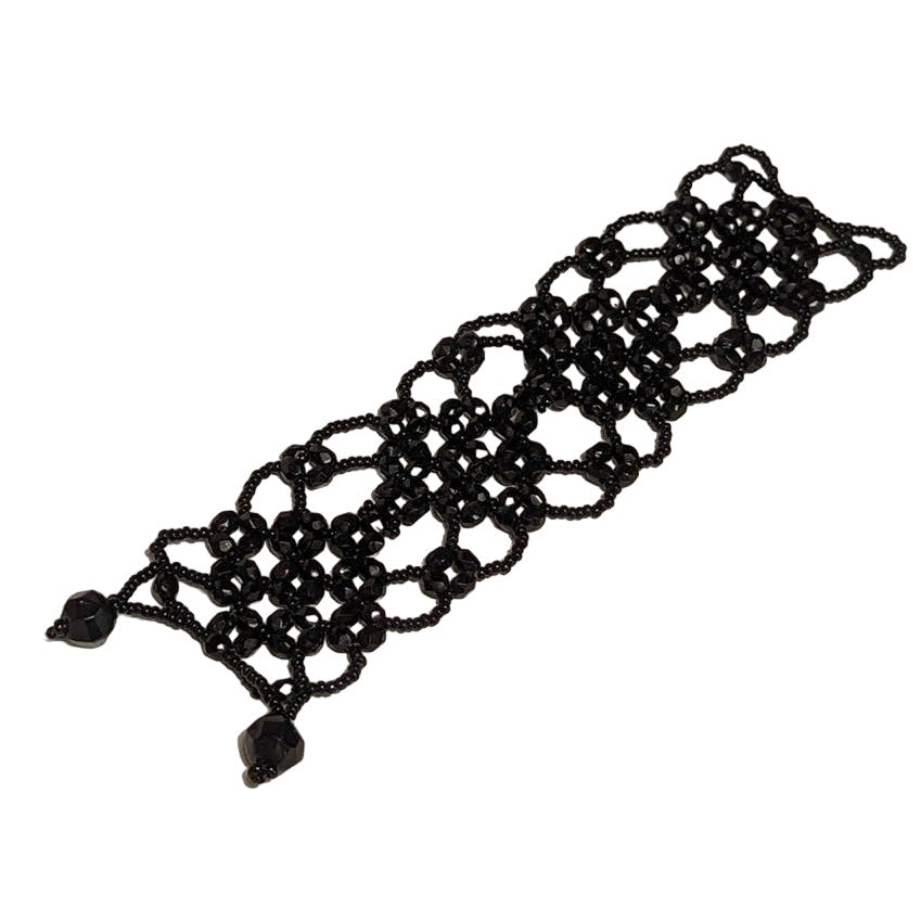 Vintage Glass Beaded Open Work Net Cuff Bracelet Black Button Closure 6"