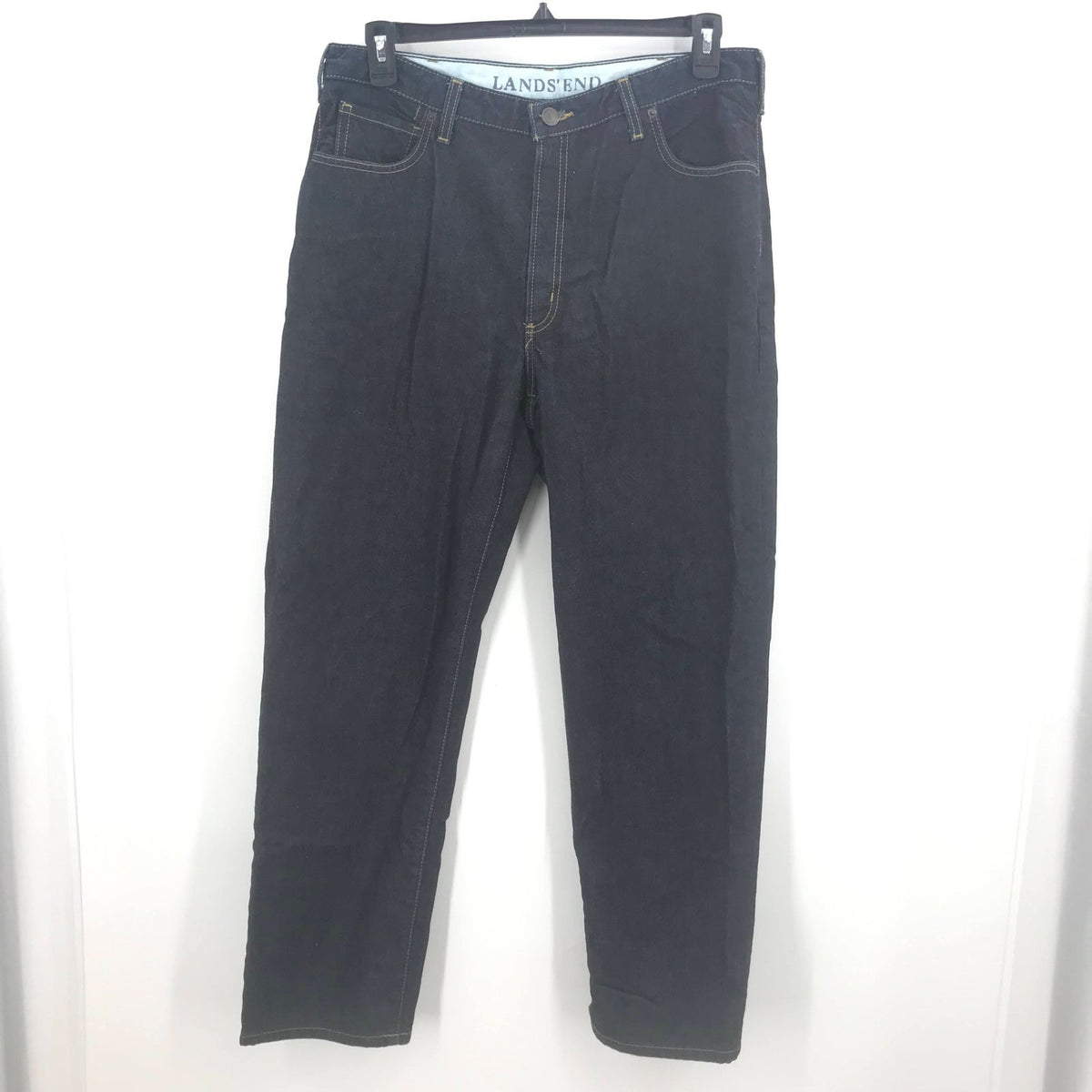 Lands End Stretch Straight Legs Denim Jeans High Rise Solid Dark Blue Size 36